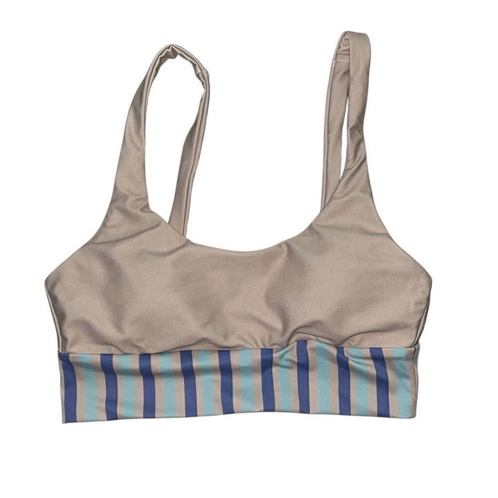 Beach Riot Sport Leah Sports Bra Tank Top Tan Blue Stripes Pullover size Small